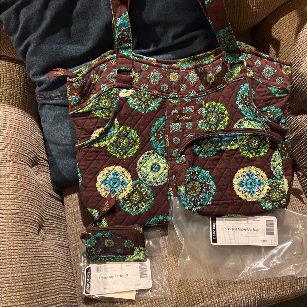 Longaberger Brown and Green Quilted Tote